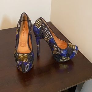 EFE Gold, silver, black, and blue rhinestone high heels. Size 5